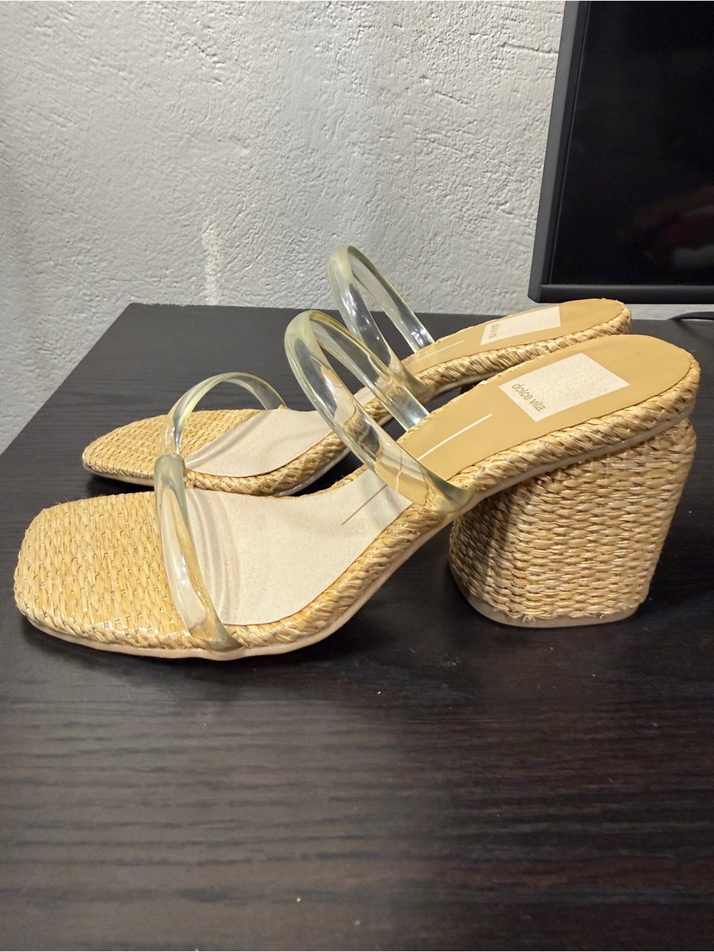 Dolce Vita Raffia Clear Strap Block Heel Sandals Size 6.5 Neutral Resort Chic - Picture 4 of 8